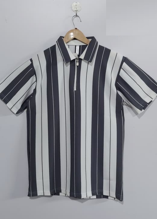 Old Money Grey Stripe Stripe Polo T-Shirt – Premium Zipper Collar Fashion QC8043 - QC8043