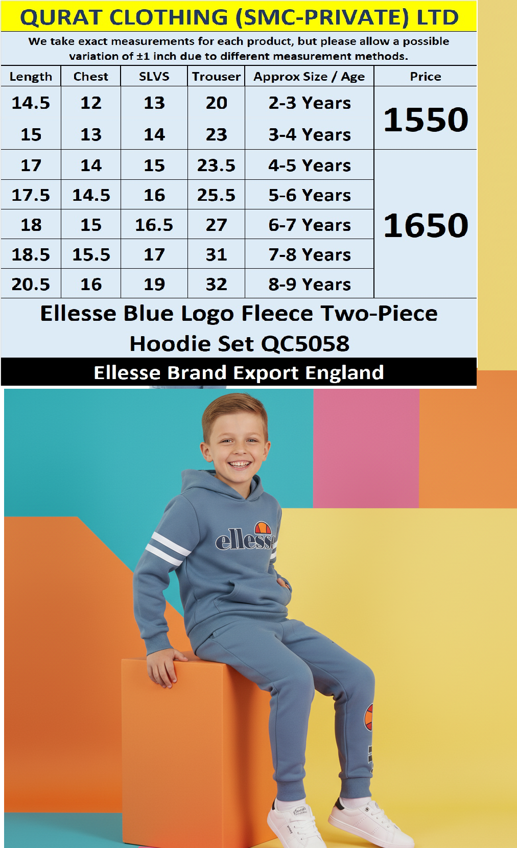 Ellesse Brand Blue “Logo” Fleece Two-Piece Hoodie Set QC5058 – Export England - QC5058