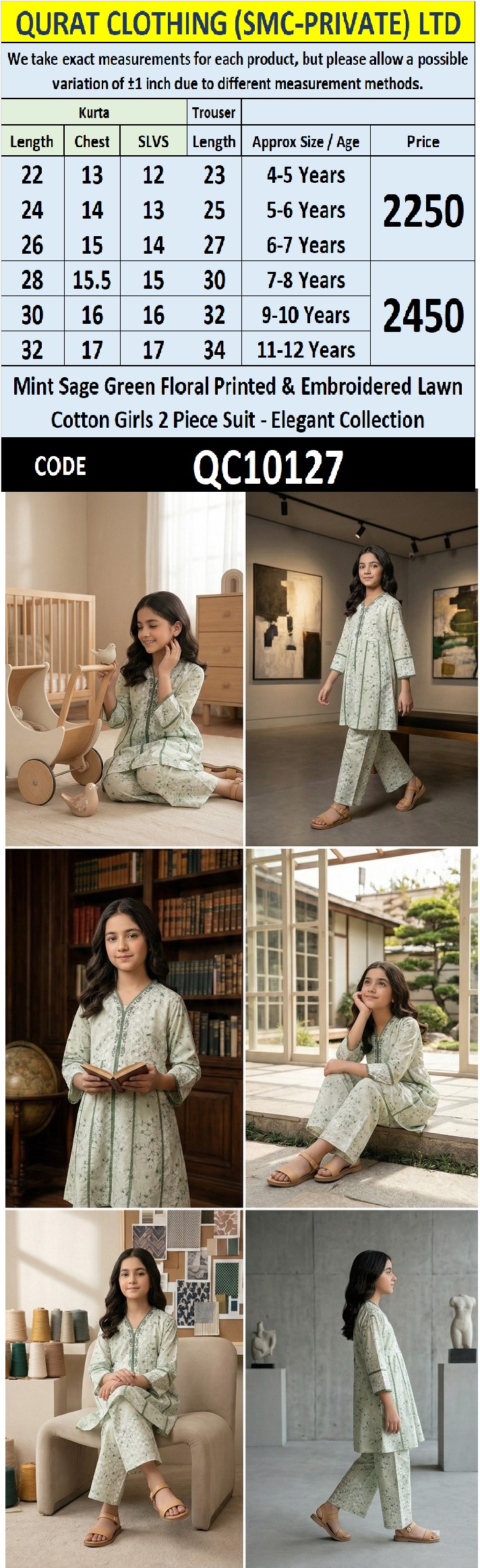 Mint Sage Green Floral Printed & Embroidered Lawn Cotton Girls 2 Piece Suit – Elegant Collection QC10127 - QC10127