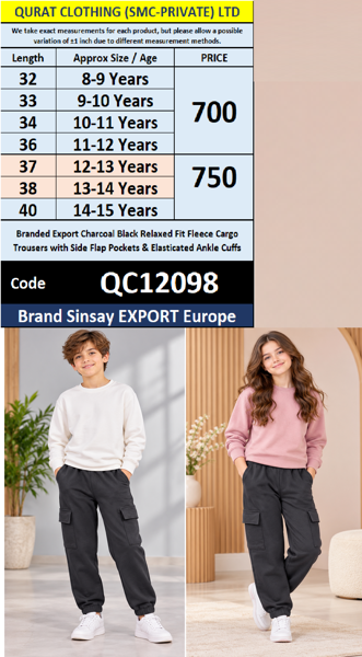 Branded Export Charcoal Black Relaxed Fit Fleece Cargo Trousers with Side Flap Pockets & Elasticated Ankle Cuffs – Sinsay Export Europe – QC12098