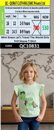 Mint Green Let’s Travel The World Girls Frill Sleeve T-Shirt QC10831