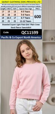 Branded Export Light Pink Girls’ Plain Crew Neck Fleece Sweatshirt – Pacific & Co Export North America – QC11599