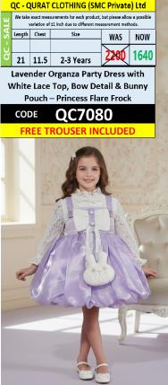 Lavender Organza Party Dress with White Lace Top, Bow Detail & Bunny Pouch – Princess Flare Frock QC7080