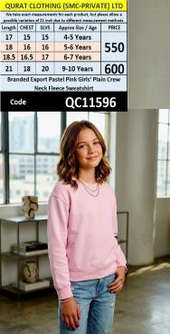 Branded Export Pastel Pink Girls’ Plain Crew Neck Fleece Sweatshirt – QC11596
