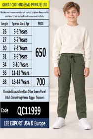 Branded Export Lee Kids Olive Green Panel Stitch Drawstring Fleece Jogger Trousers — LEE Export USA & Europe — QC11999