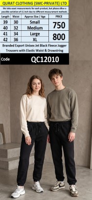 Branded Export Unisex Jet Black Fleece Jogger Trousers with Elastic Waist & Drawstring - QC12010
