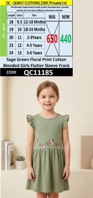 Sage Green Floral Print Cotton Blended Girls Flutter Sleeve Frock QC11185