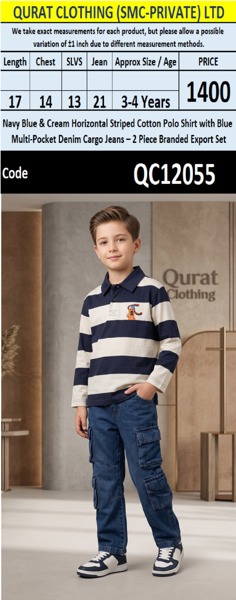 Navy Blue & Cream Horizontal Striped Cotton Polo Shirt with Blue Multi-Pocket Denim Cargo Jeans – 2 Piece Branded Export Set – Rock Hill Jeans – QC12055