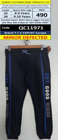 Y.F.K Export Europe Branded Export Black Fleece Jogger Trousers with Blue Side Stripes & “GET GOOD VIBES” – Minor Defected – QC11971