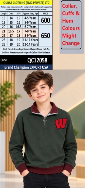 Dark Forest Green Boys Branded Export Fleece Half-Zip Pullover Sweatshirt with Burgundy Collar & Red W Letter – Champion Export USA – QC12058