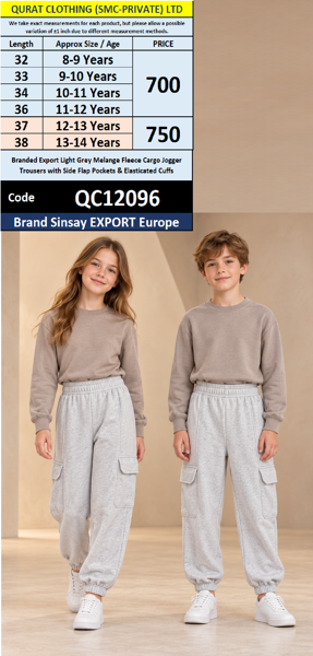 Branded Export Light Grey Melange Fleece Cargo Jogger Trousers with Side Flap Pockets & Elasticated Cuffs – Sinsay Export Europe – QC12096
