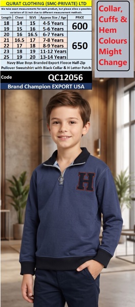 Navy Blue Boys Branded Export Fleece Half-Zip Pullover Sweatshirt with Black Collar & H Letter Patch – Champion Export USA – QC12056
