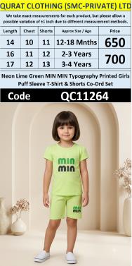 Neon Lime Green MIN MIN Graphic Girls Puff-Sleeve T-Shirt & Shorts Set QC11264