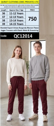 Branded Export Unisex Burgundy Maroon Fleece Jogger Trousers with Elastic Waist & Drawstring - QC12014