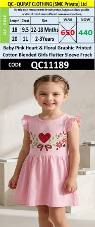 Baby Pink Heart & Floral Graphic Printed Cotton Blended Girls Flutter Sleeve Frock QC11189