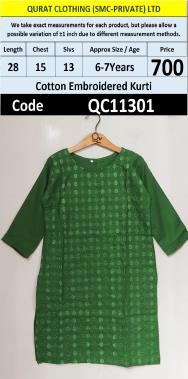 Green Embroidered Cotton Girls Kurti – QC11301