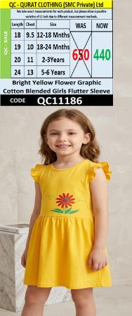 Bright Yellow Flower Graphic Cotton Blended Girls Flutter Sleeve Frock QC11186