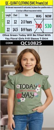 Olive Green Today Will Be Filled With Yay Floral Girls Frill Sleeve T-Shirt QC10825