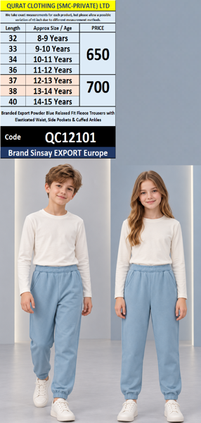 Branded Export Powder Blue Relaxed Fit Fleece Trousers with Elasticated Waist, Side Pockets & Cuffed Ankles – Sinsay Export Europe – QC12101