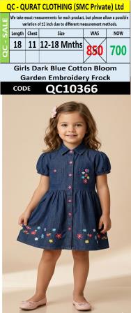 Girls Dark Blue Cotton Bloom Garden Embroidery Frock QC10366