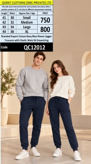 Branded Export Unisex Navy Blue Fleece Jogger Trousers with Elastic Waist & Drawstring - QC12012