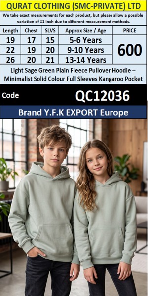 Light Sage Green Plain Fleece Pullover Hoodie – Minimalist Solid Colour Full Sleeves Kangaroo Pocket – Y.F.K Export Europe – QC12036