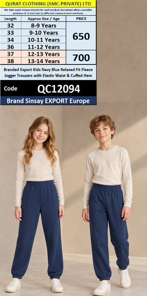 Branded Export Kids Navy Blue Relaxed Fit Fleece Jogger Trousers with Elastic Waist & Cuffed Hem – Sinsay Export Europe – QC12094
