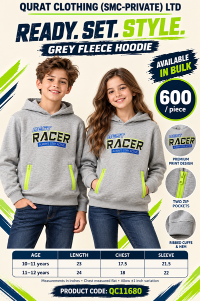 Branded Export Grey Kids Fleece Hoodie – “Best Racer Always Stay Active” Printed Design QC11680