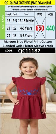 Maroon Blue Floral Print Cotton Blended Girls Flutter Sleeve Frock QC11187