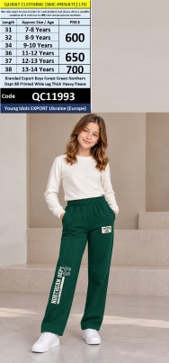 Young Idols Export Ukraine (Europe) Branded Export Boys Forest Green Northern Dept 88 Printed Wide Leg Thick Heavy Fleece Trouser — QC11993
