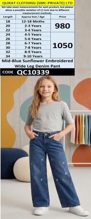 Mid-Blue Sunflower Embroidered Wide Leg Denim Pant QC10339