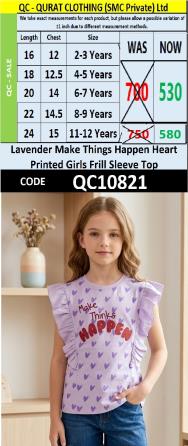 Lavender Make Things Happen Heart Printed Girls Frill Sleeve Top QC10821