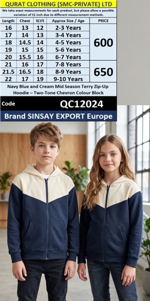 Navy Blue and Cream Mid Season Terry Zip-Up Hoodie – Two-Tone Chevron Colour Block – Sinsay Export Europe – QC12024