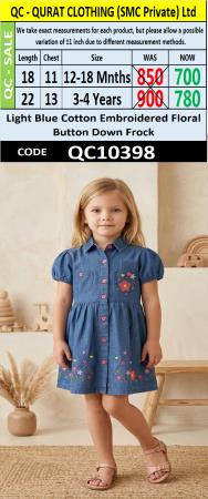 Light Blue Cotton Embroidered Floral Button Down Frock QC10398