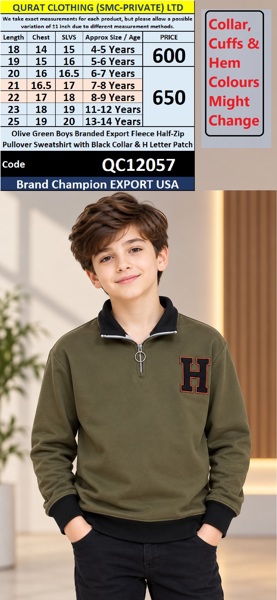 Olive Green Boys Branded Export Fleece Half-Zip Pullover Sweatshirt with Black Collar & H Letter Patch – Champion Export USA – QC12057