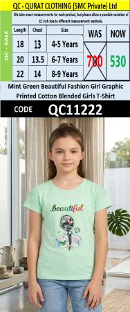 Mint Green Beautiful Fashion Girl Graphic Printed Cotton Blended Girls T-Shirt QC11222