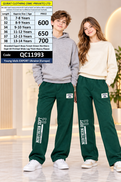 Young Idols Export Ukraine (Europe) Branded Export Boys Forest Green Northern Dept 88 Printed Wide Leg Thick Heavy Fleece Trouser — QC11993