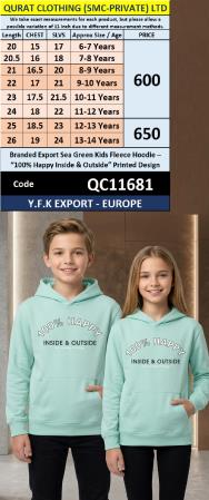 Branded Export Sea Green Kids Fleece Hoodie – “100% Happy Inside & Outside” Printed Design QC11681