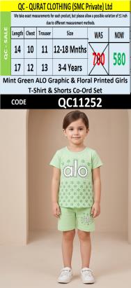 Mint Green ALO Floral Graphic Printed Girls T-Shirt & Shorts Set QC11252