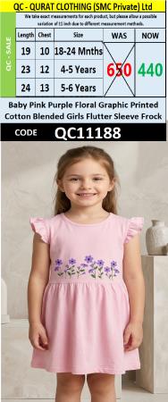 Baby Pink Purple Floral Graphic Printed Cotton Blended Girls Flutter Sleeve Frock QC11188