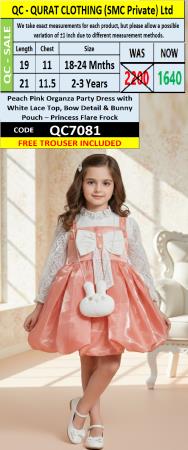 Peach Pink Organza Party Dress with White Lace Top, Bow Detail & Bunny Pouch – Princess Flare Frock QC7081