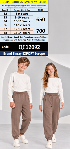 Branded Export Boys & Girls Taupe Brown Loose Fit Fleece Sweatpants with Elasticated Waist & Cuffed Ankles – Sinsay Export Europe – QC12092