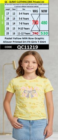 Pastel Yellow MIN Bow Graphic Allover Printed Dri-Fit Girls T-Shirt QC11219
