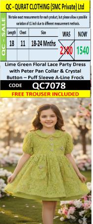 Lime Green Floral Lace Party Dress with Peter Pan Collar & Crystal Button – Puff Sleeve A-Line Frock QC7078