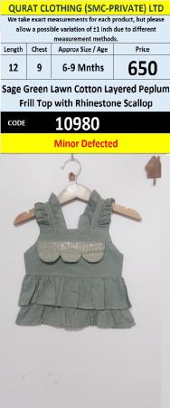 Sage Green Lawn Cotton Layered Peplum Frill Top with Rhinestone Scallop – QC10980 - Minor Defected