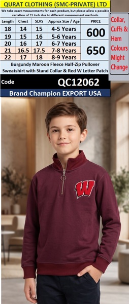 Burgundy Maroon Fleece Half-Zip Pullover Sweatshirt with Stand Collar & Red W Letter Patch – Champion Export USA – QC12062