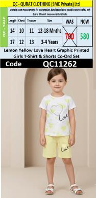 Lemon Yellow Love Heart Graphic Printed Girls T-Shirt & Shorts Set QC11262