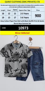 Grey Cotton Piqué Polo Shirt with Black Graffiti Print & Denim Shorts Boys Summer Set – QC10973 - Minor Defected