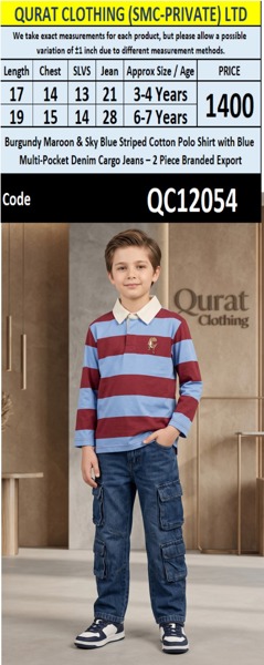 Burgundy Maroon & Sky Blue Striped Cotton Polo Shirt with Blue Multi-Pocket Denim Cargo Jeans – 2 Piece Branded Export – Rock Hill Jeans – QC12054