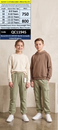 JO+CO Export United Kingdom Branded Export Green Heavyweight Thick Fleece Cargo Sweatpants, Warm Trouser – QC11945